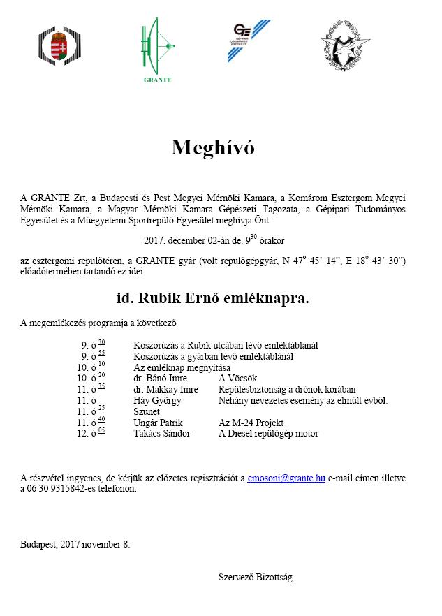 Meghívó id. Rubik Ernő Emléknap 2017